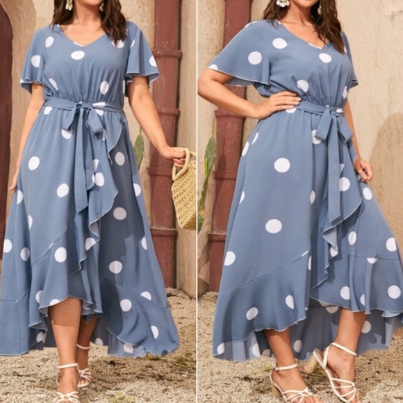 Plus Boho Blue  Polka Dot Ruffle Maxi Dress - Picture 7 of 11